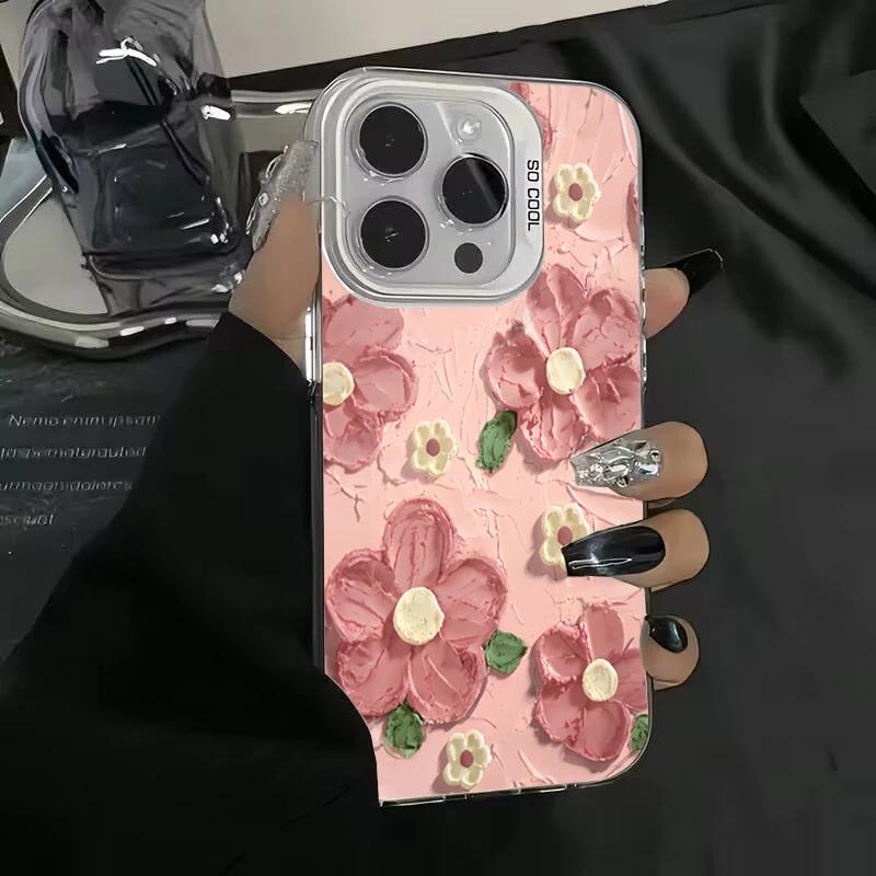 Luxury Oil Painting Flower Electroplate Silver IMD Case For iPhone14 15 11 12 13 Pro Max 7 8 Plus X XR Shockproof Hard Cover