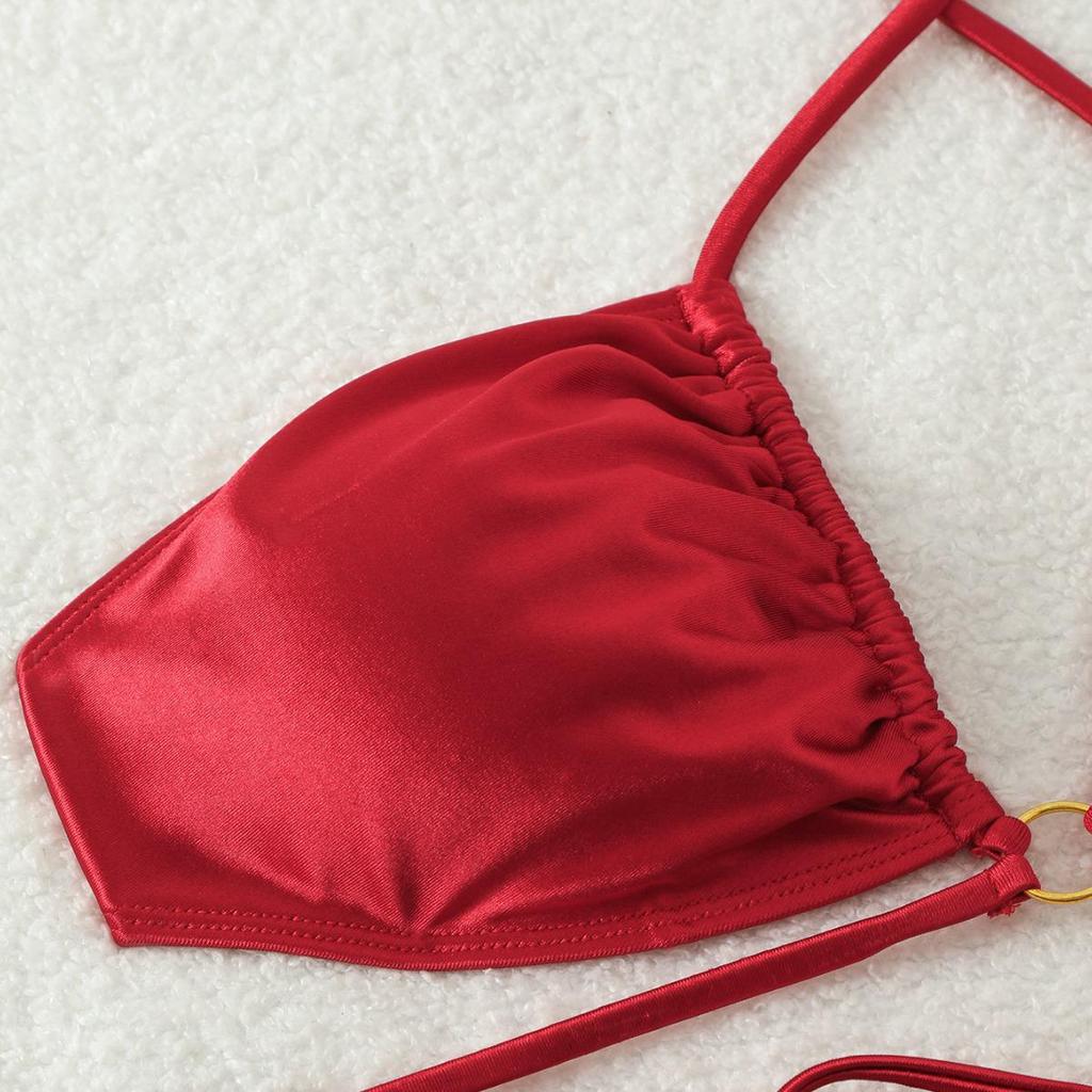 European & American Solid Color Backless Halter Bikini: Sexy Split, High-End Beach Style