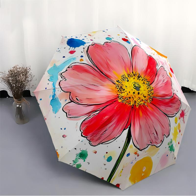 1pc Flower Artwork Automatic Folding Umbrella - Compact 8-Rib Design, Durable Plastic & Iron, Festive Gift, Compact Umbrellan031