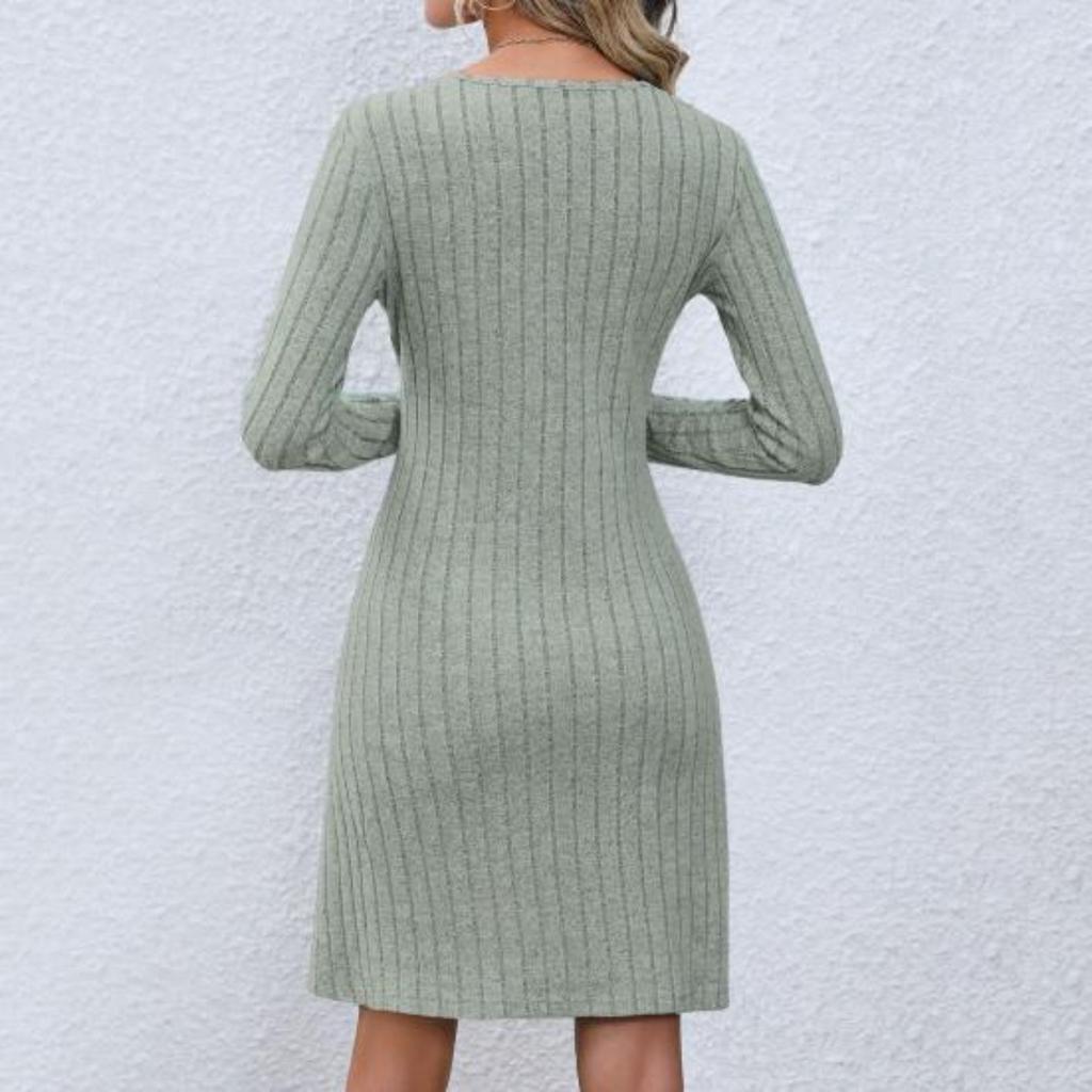Mulheres outono inverno vestido com decote em v botão listrado único breasted a linha grande bainha manga longa cintura apertada cor sólida malha mini vestido