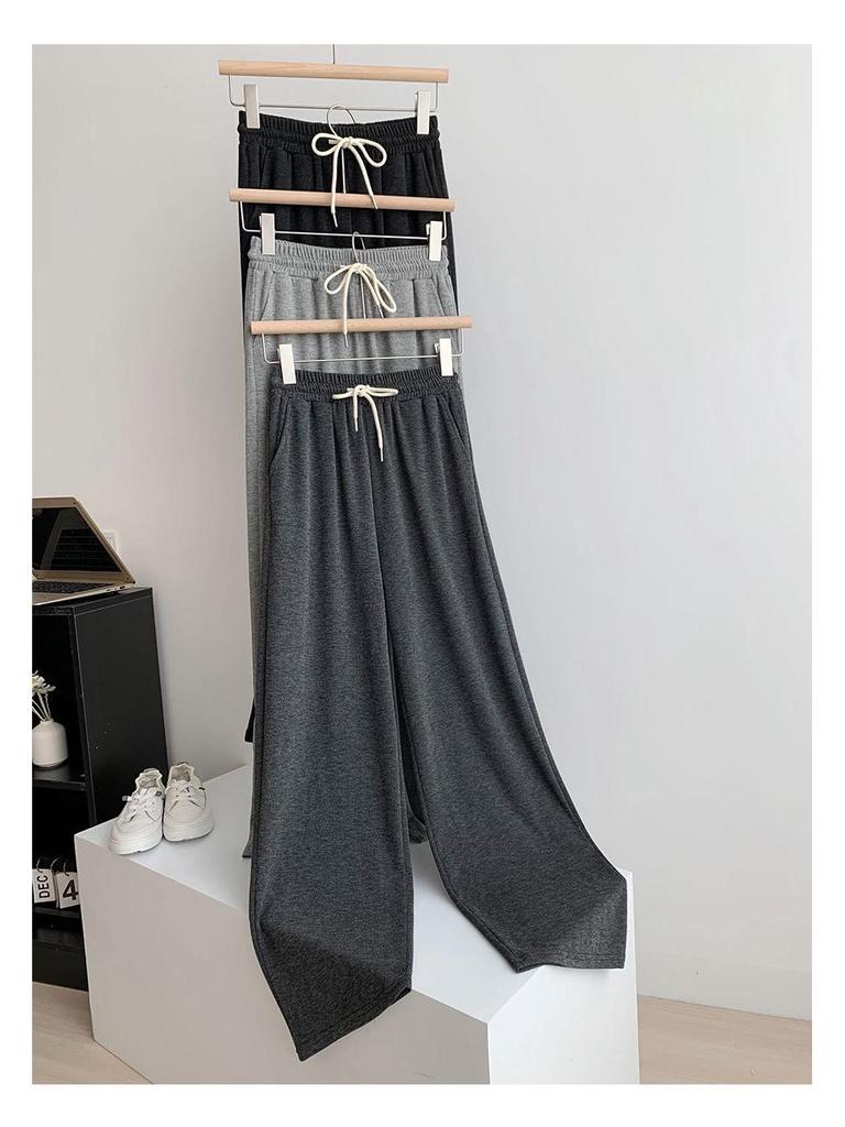 Petite Grey Drawstring Wide-Leg Pants - Women's Casual Loose Fit, Slimming Straight-Leg Design, 145-150.