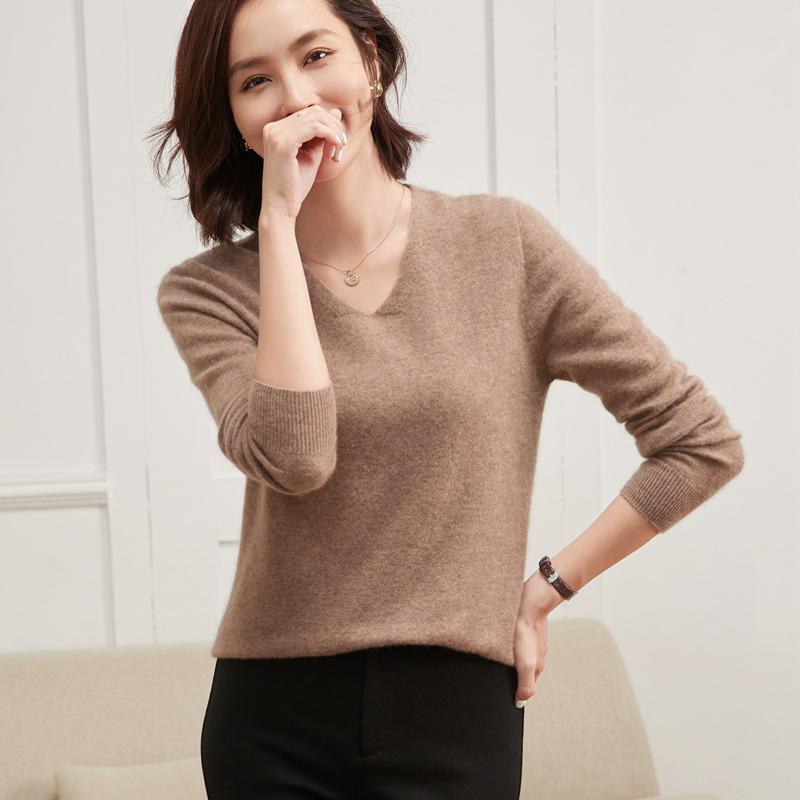 Leka Sha Women's Cashmere V-Neck Sweater, Autumn/Winter Long Sleeve, Slimming Fit, Elegant Wool Base Layer 2026
