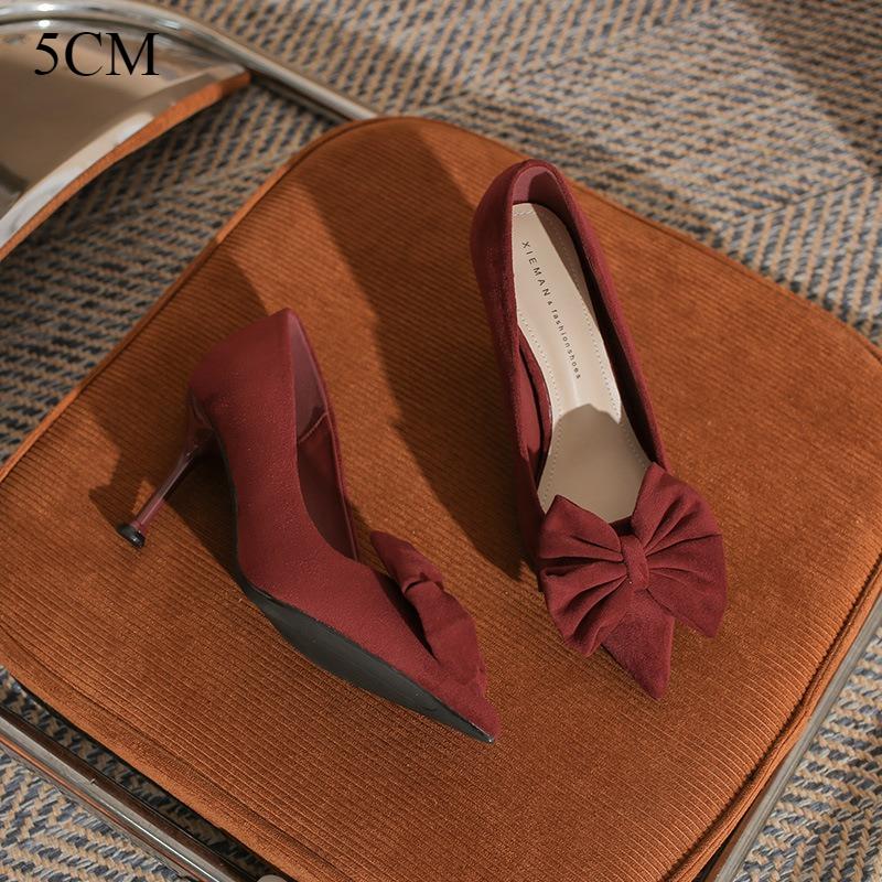 Pointed Head Shallow Mouth High Heels Classic Women's Shoes Head Flower Black Velvet Versatile High Heels Red Single Shoes