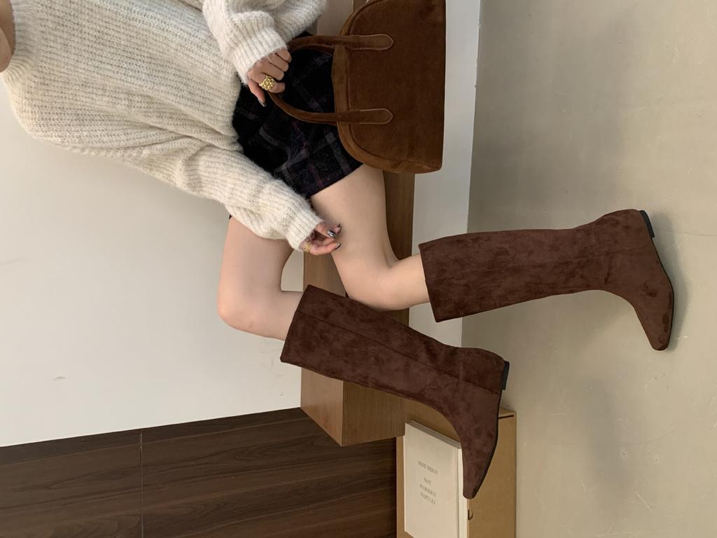 2025 Autumn and Winter New Square Head Tall Tube Inner Slope Heel Suede Thin Boots But Knee Knight Women's Boots