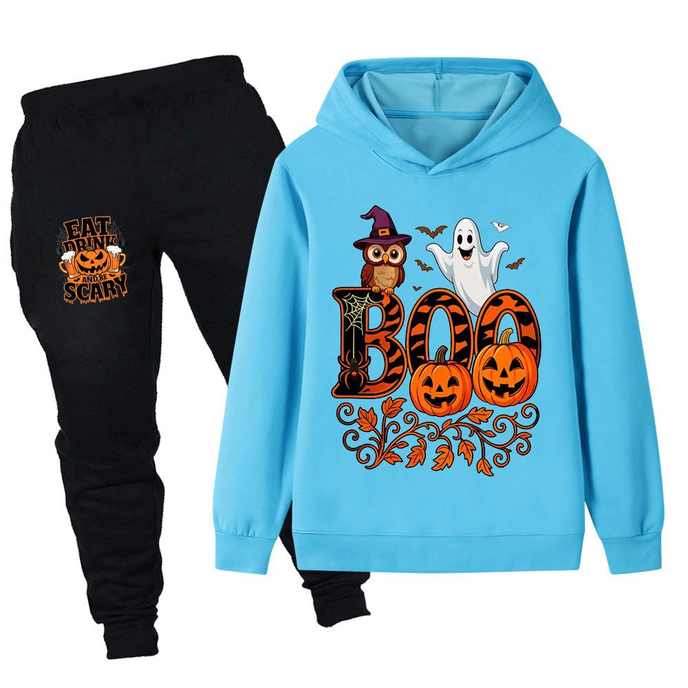 PB1649 Kids Boys Girls Halloween Ghost Printed Long Sleeves Hoodie Trousers Sets