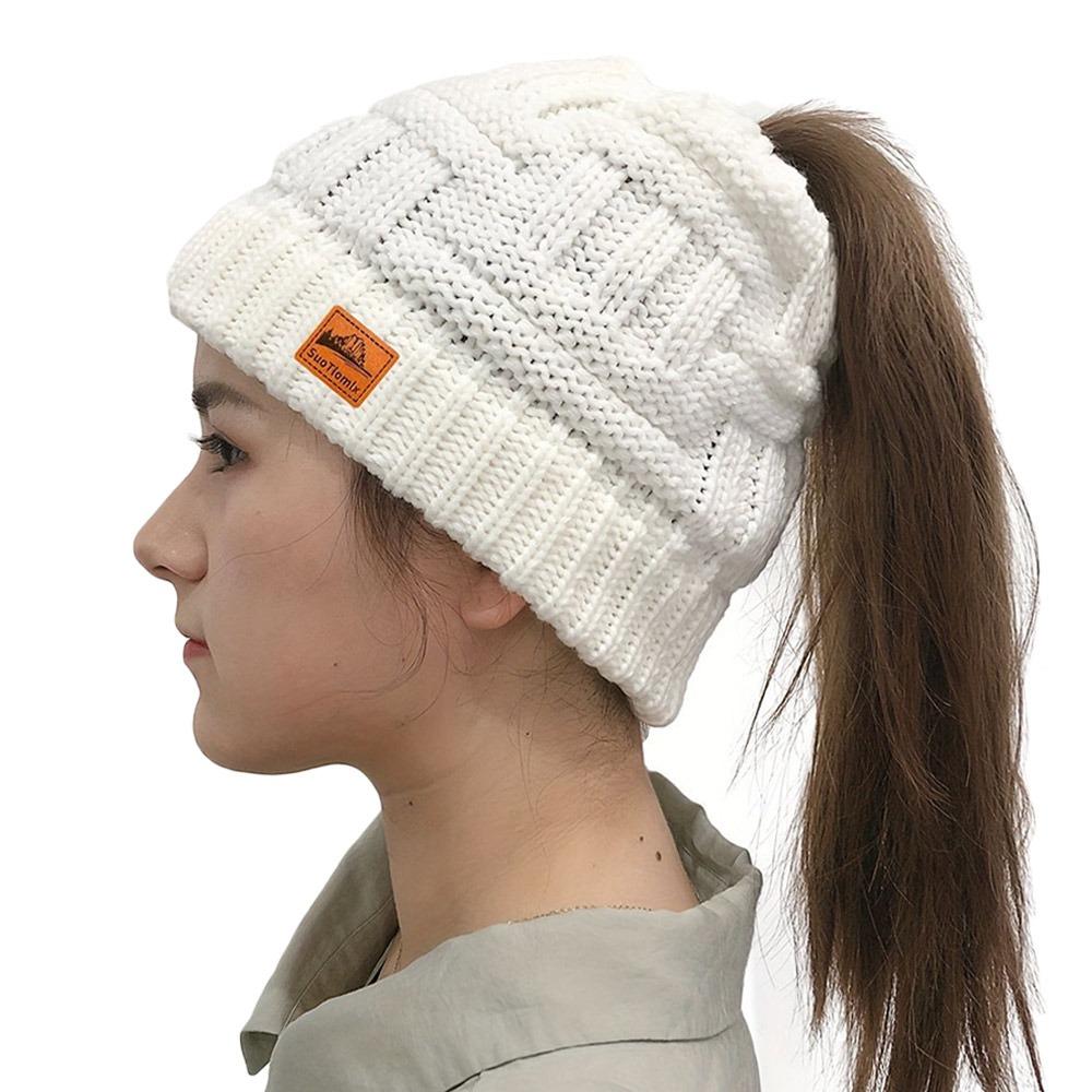 Fashion Crochet Ponytail Winter Hats Knitted Solid Color Beanies Hat Warm Ear Protection Skullies Autumn