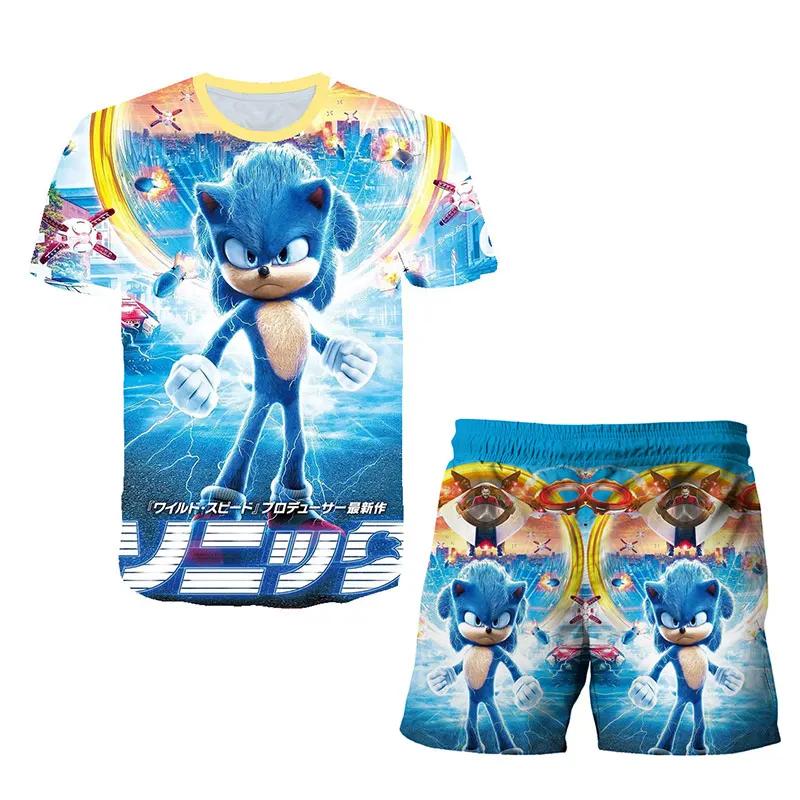 2025 MINISO New boys and girls super sonic Tshirts+shorts  Harajuku Sonic print suit T-shirt + shorts fashion street style children's short sleeves