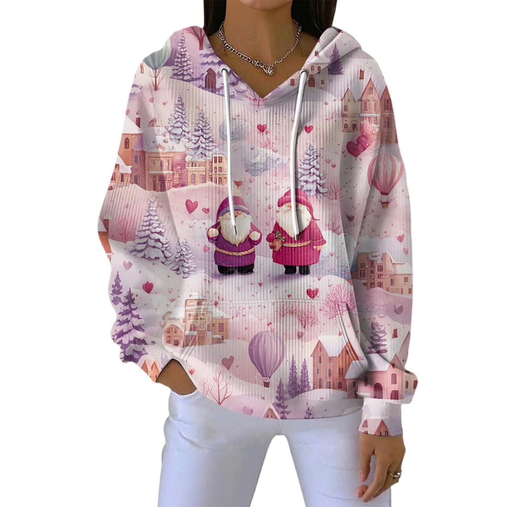 Dame Løs Komfortabel Casual Mote V-Hals Juleprint Langermet Hettegenser