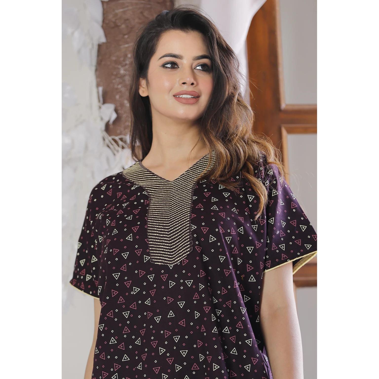 

Purple Printed Women Cotton Night Gown Dress Indian Beautiful Printed Nighty 3XL-46