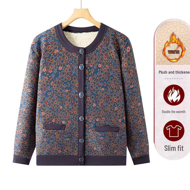 

Grandma s Fleece-Lined Spring & Autumn Jacket: Warm Knitted Cardigan for Elderly Women 5XL (155-165 jin) синій/квітковий