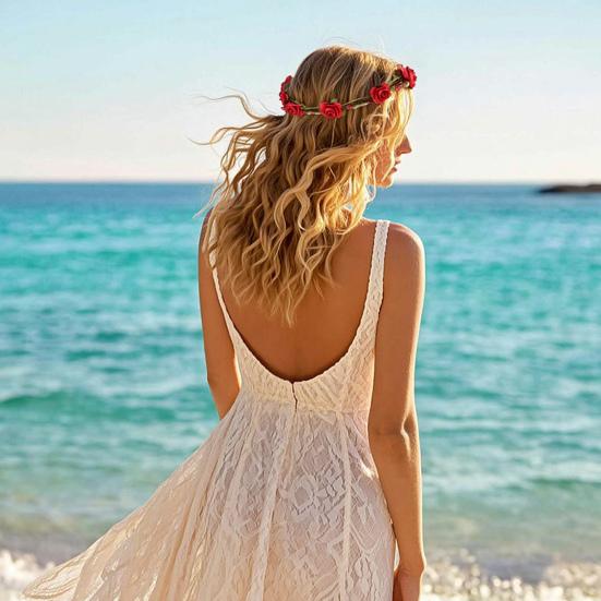 Couronne de Fleurs Roses avec Liane de Cheveux Bandeau Floral Bohème Couronne Florale Hawaïenne Couronne Florale de Fête pour Mariage Photos de Vacances à la Plage