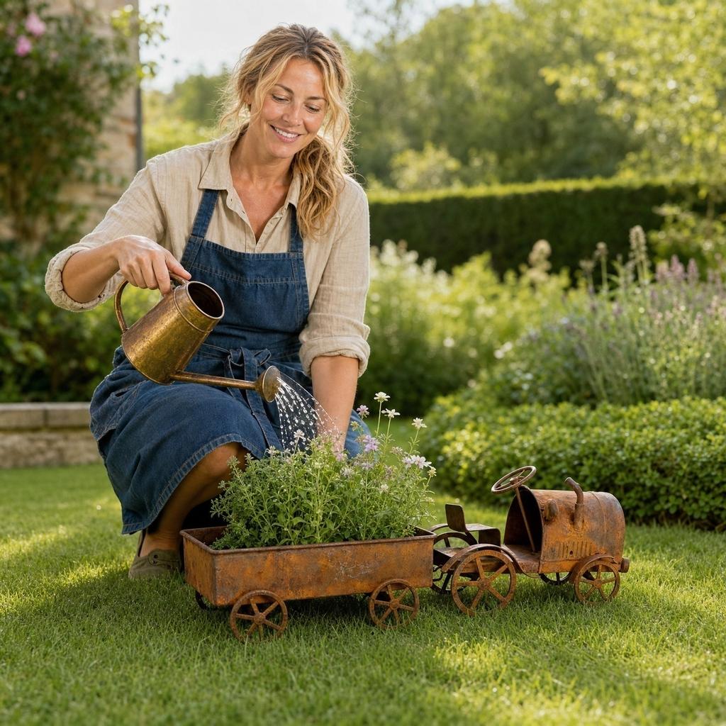 Rustic Tractor Planter Garden Decoration Outdoor Metal Flower Pot with Wagon Trailer for Patio Lawn Yard Display