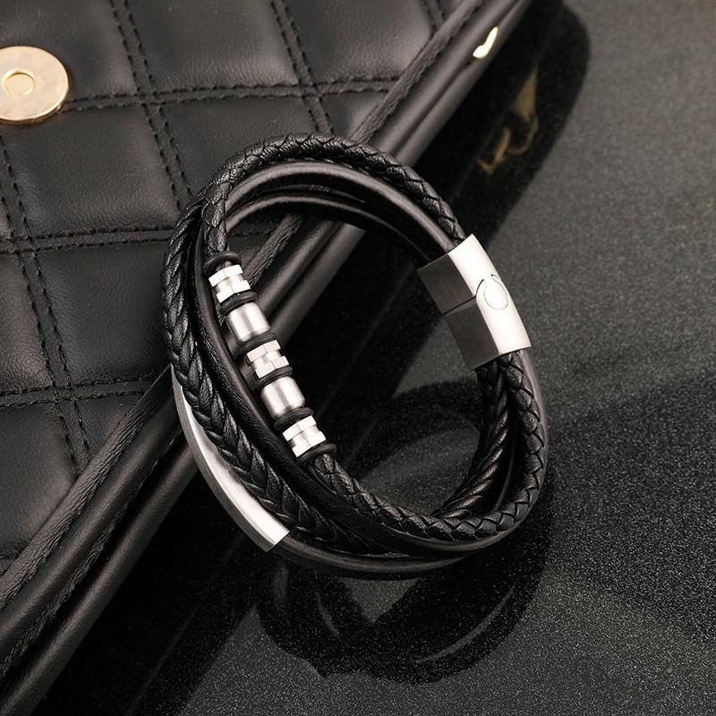 Mens Stainless Steel Bracelet With Black Leather Woven Multi-Layer Design Geometric Minimalist Style