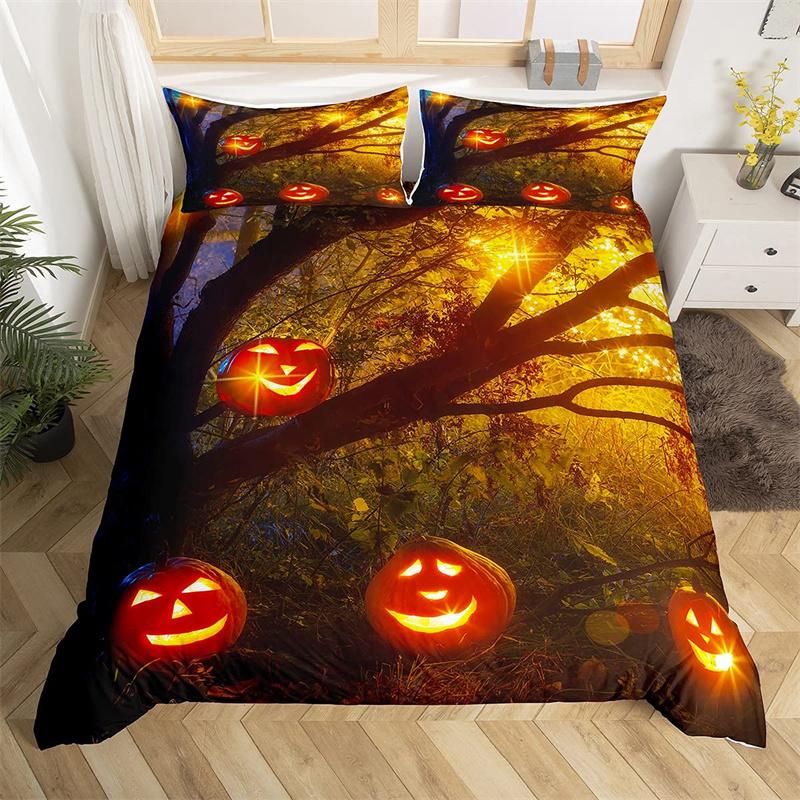 Halloween Duvet Cover Horror Pumpkin Lantern Bedding Set Polyester Crazy Scary Horseman Comforter Cover King For Kids Boys Girls