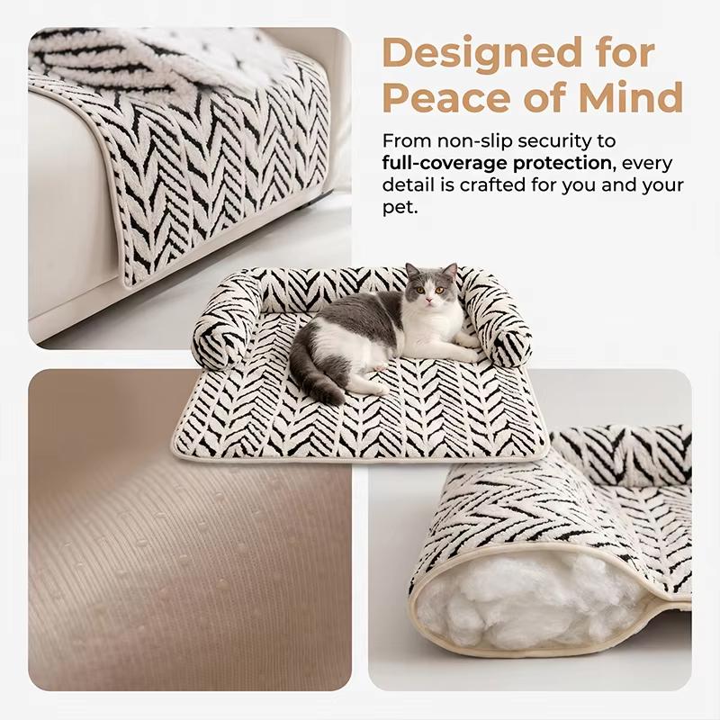 Soft Fluffy Dog Cat Bed Mat with Side Bolsters Non-Slip Bottom Washable Sofa Cushion for Indoor Outdoor Pets