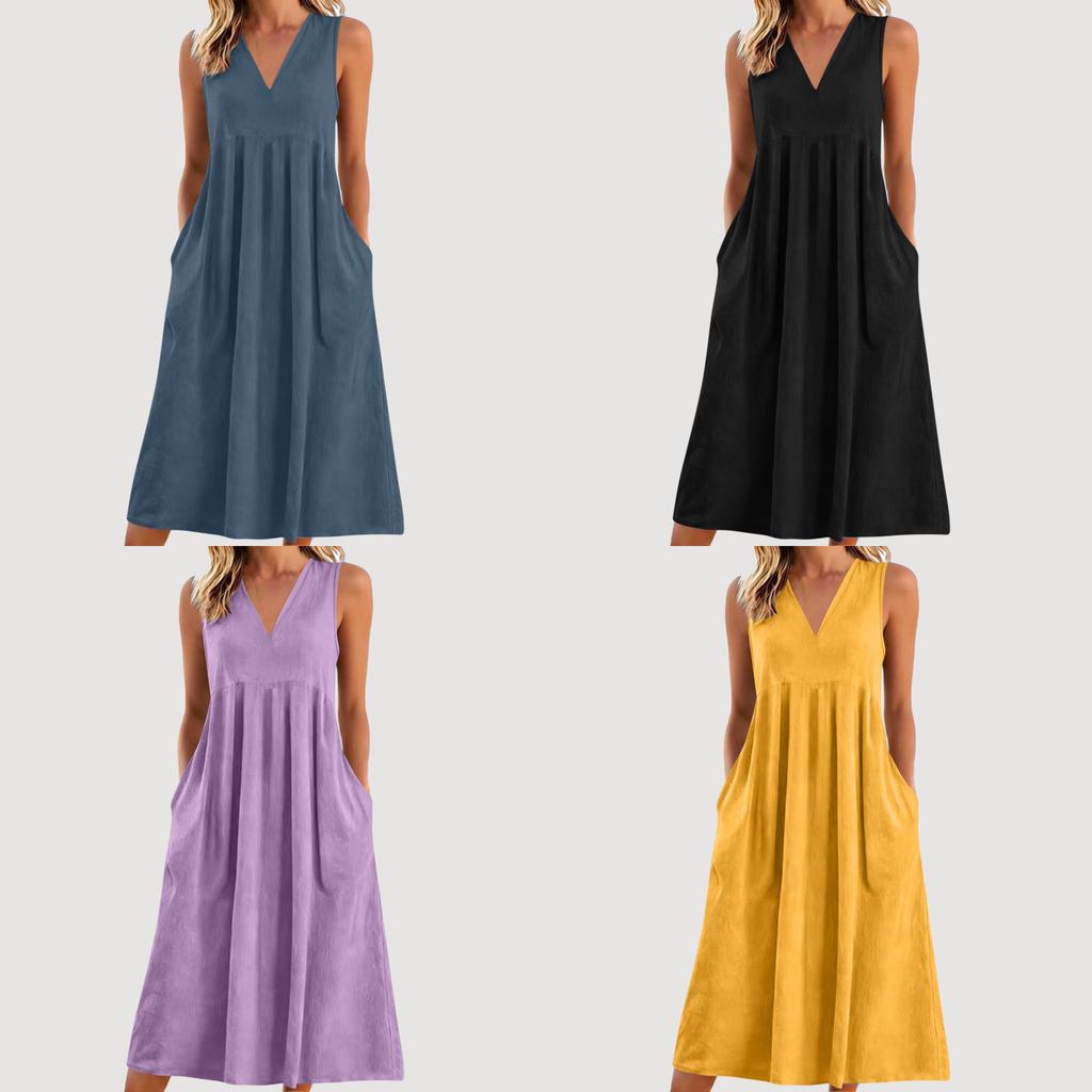 Cotton Sleeveless Vneck Dress With Color Block Pleats For Casual Wear