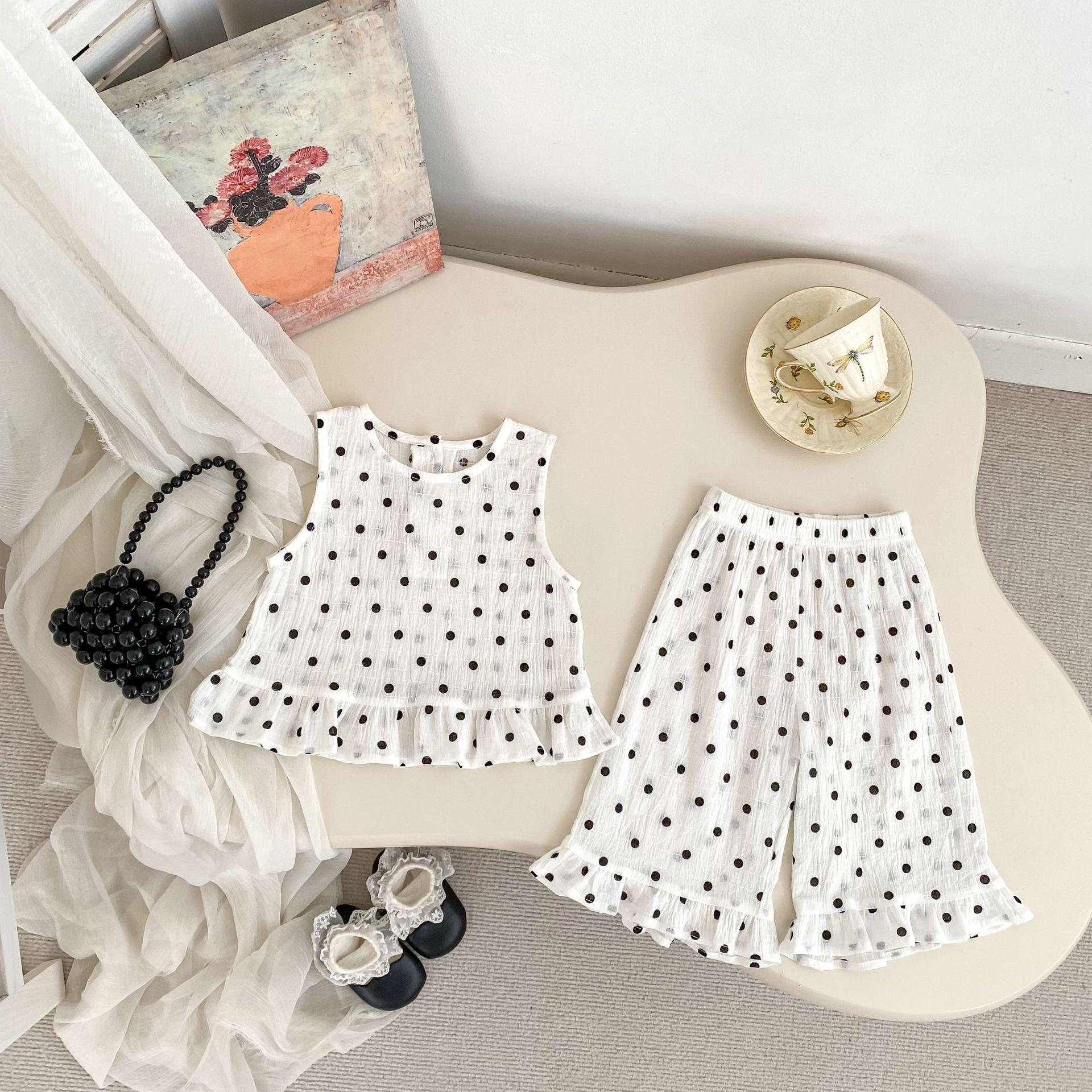 Girls Polka Dot Sleeveless Ruffled Tank Top and Capri Pants Set Lightweight Breathable 73
