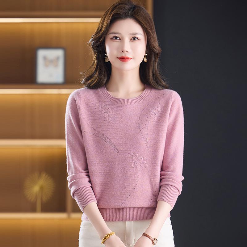 Autumn/Winter 100% Pure Wool Sweater for Mature Women - Knitted Base Layer with Stylish Embroidered Half-High Neck