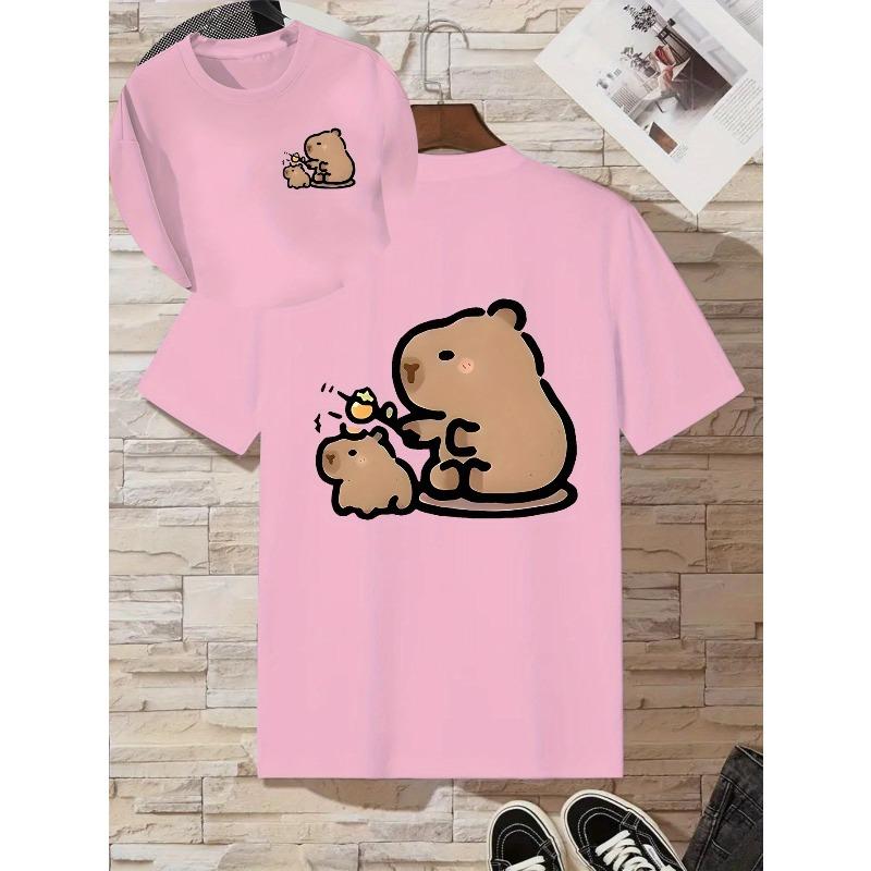 Kids Crewneck Short Sleeve T-Shirt, Big & Small Capybara Double Sided Print Fashion Casual Kids Summer Tops