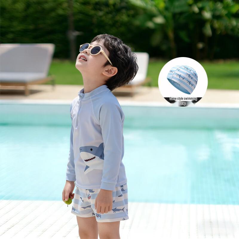 Junwen Boys  Shark Print Two-Piece Rash Guard Swimsuit Set with Cap