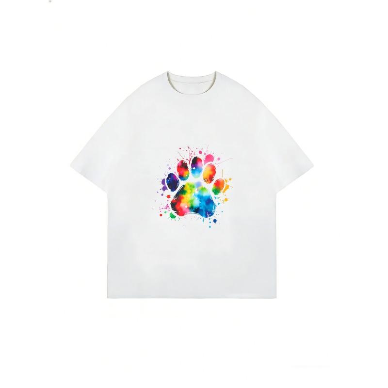 Crew Neck T Shirt White Rainbow Paw Print Design For Casual Wear