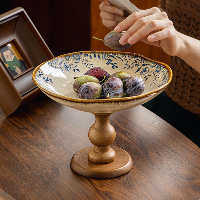 BRHigh-legged Tray Retro Wooden Ceramic Fruit Plate Dessert Bowl Porcelain Tray Kitchen Organizer Wooden Trays Desktop StorageEY