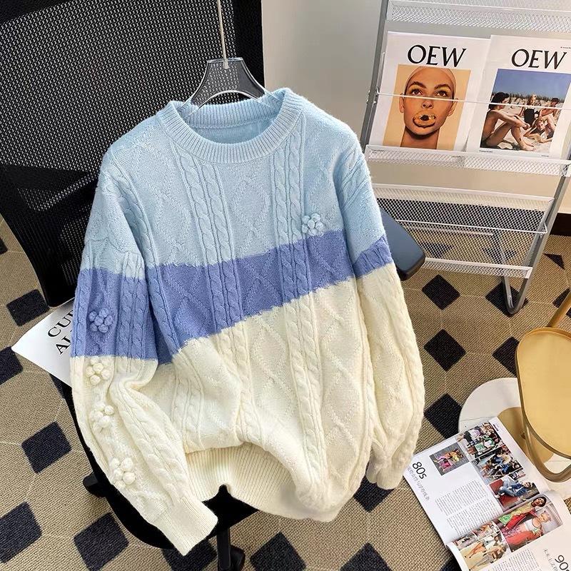 

Женские осенне-зимние свитера и пуловеры с длинными рукавами, большие шикарные вязаные джемперы с цветочным принтом, розово-синие трикотажные изделия, корейские уличные джемперы One Size синий