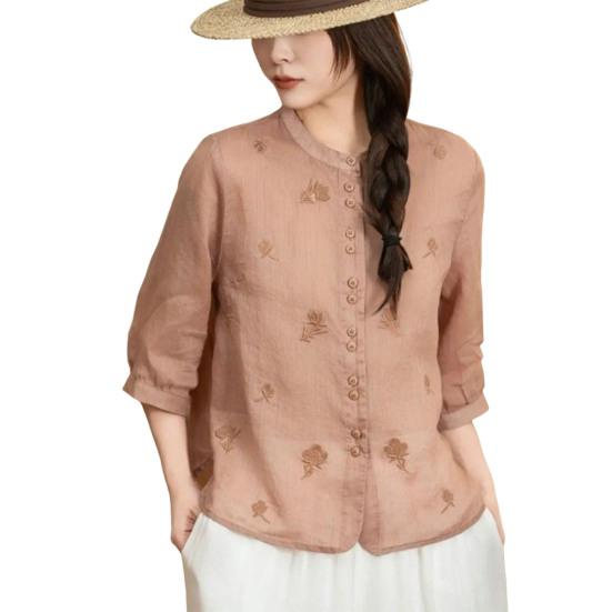 Women Shirt Round Neck 46085 Sleeve Buttons Placket Shirt Tops Pure Color Floral Embroidery
