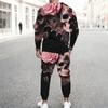 Men Contrast Panel Rose And Skull Art Print Long Sleeve Sweatshirt Jogger Pants Two Piece Suit