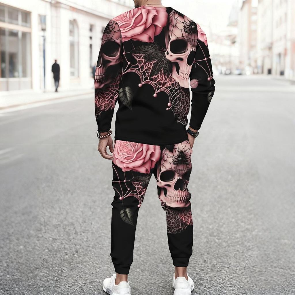 Men Contrast Panel Rose And Skull Art Print Long Sleeve Sweatshirt Jogger Pants Two Piece Suit