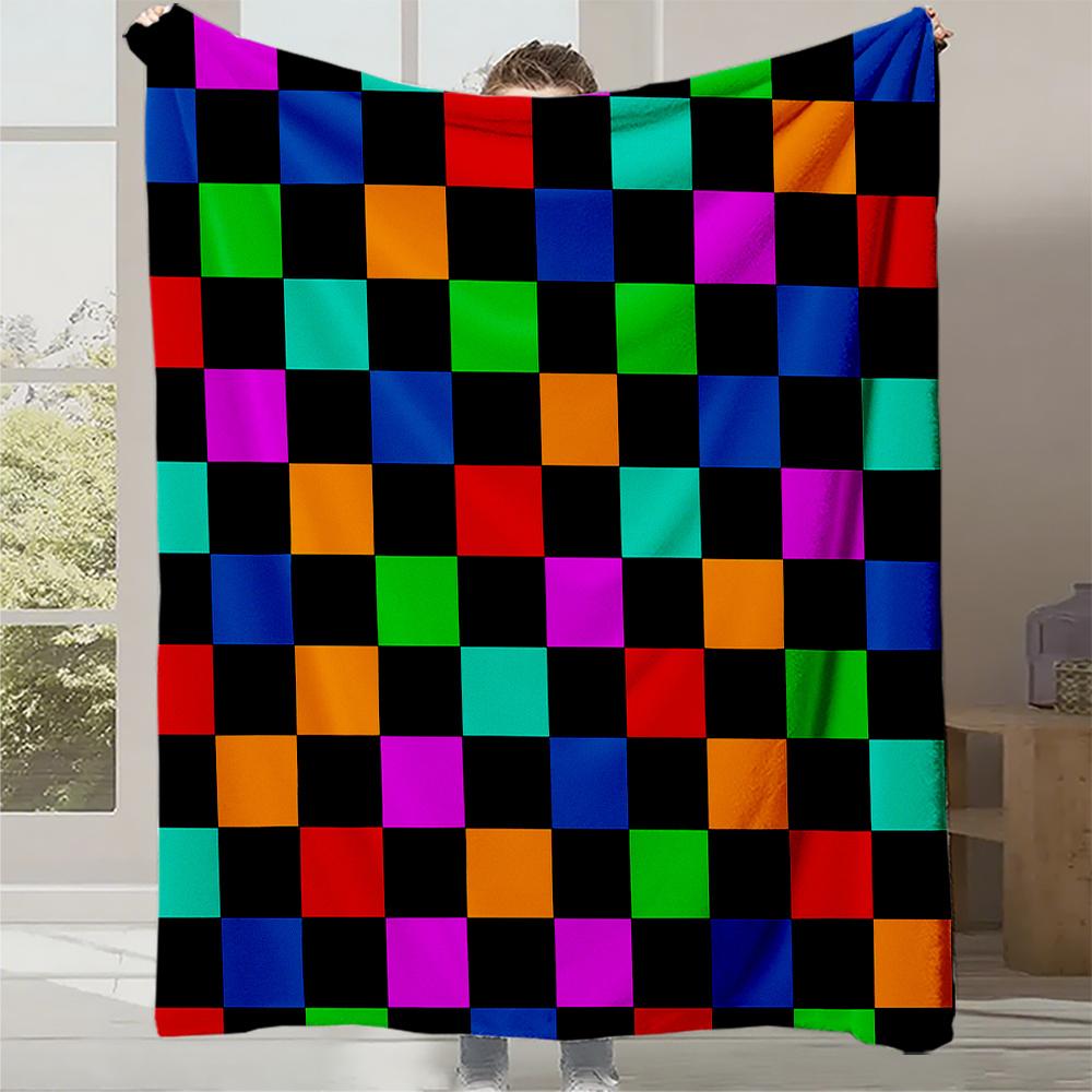 

1pc Mondrian-Style Multicolor Geometric Block Print Plush Fleece Blanket - Soft Warm All-Season Bedspread with Iconic Black Whit 130x150cm
