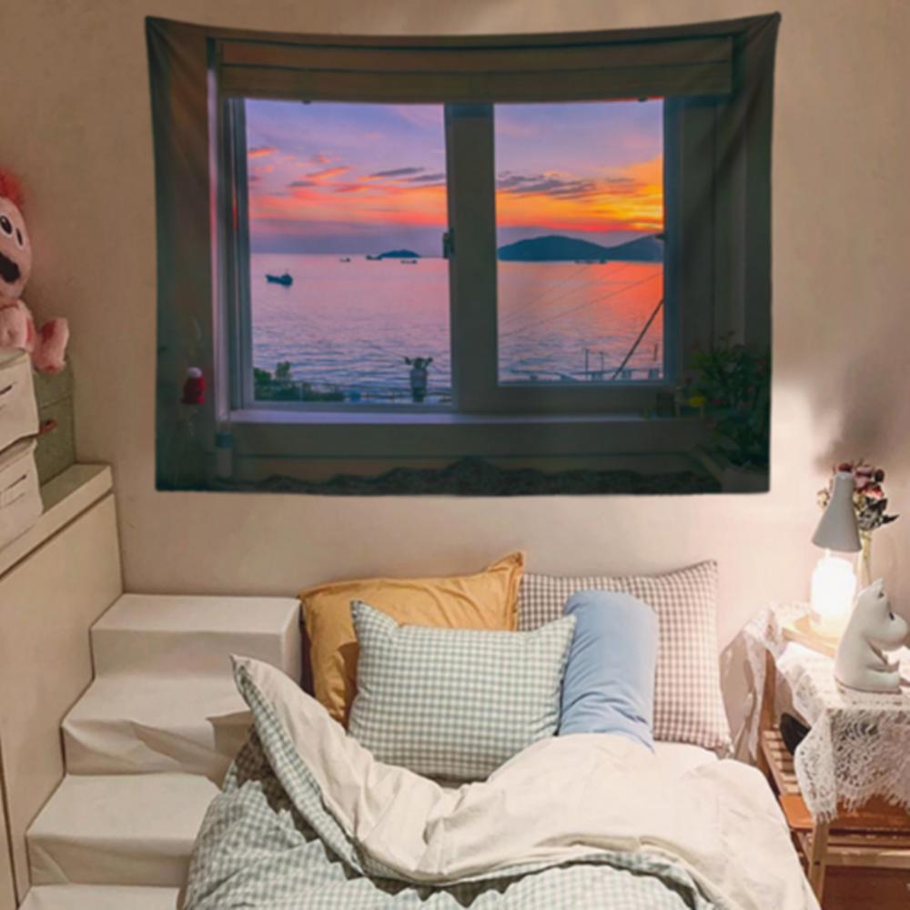 Fake Window Scenery Tapestry Polyester Aesthetic Wall Hanging for Bedroom Dorm Fake Window View Coastal Forest Decor 74x94cm(29x37in)