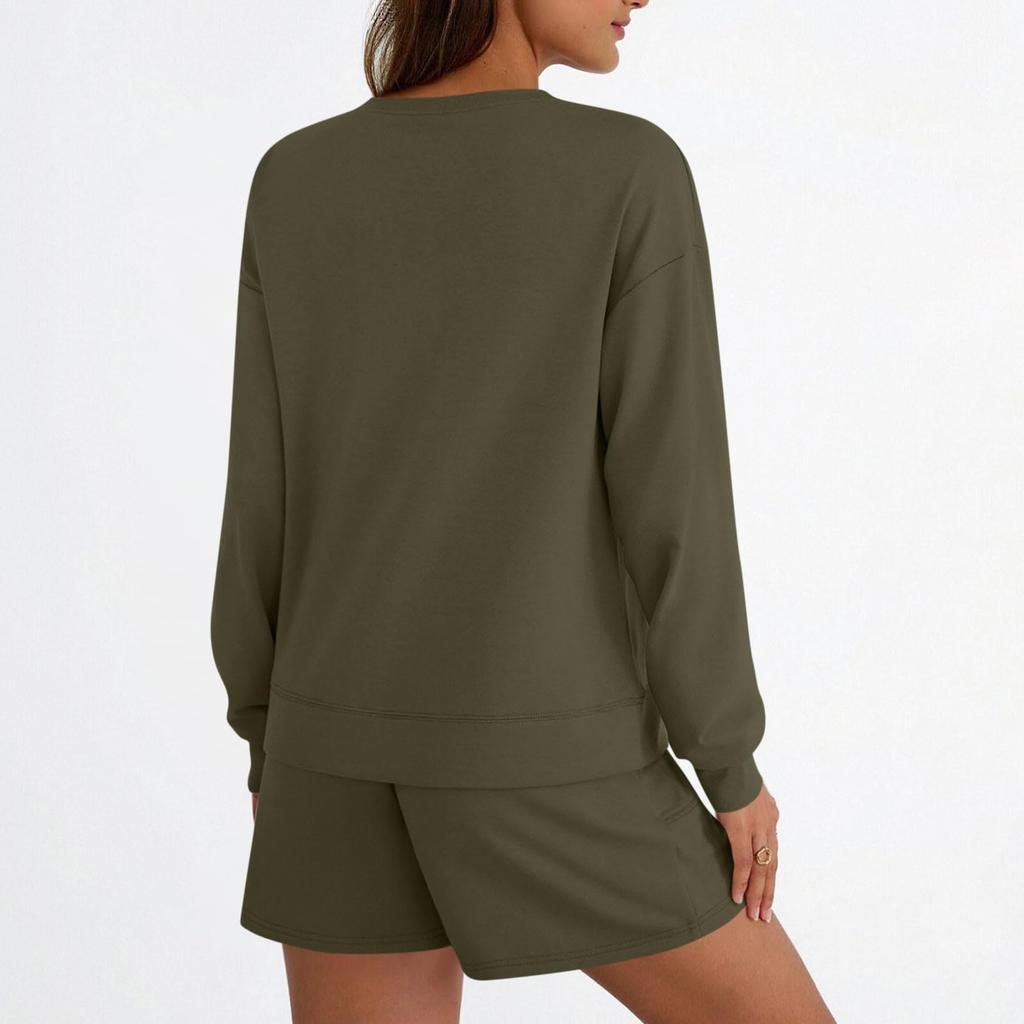 Women's Fashion Sportswear Casual Long-Sleeved Pullover Sweatshirt Drawstring Shorts Set