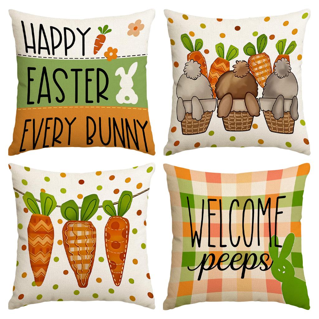 4Pcs Spring Easter Happy Pillowcase, Cute Rabbit, Plant Flowers, Easter Egg Print Home Decoration Farmhouse Sofa Cushion Cover