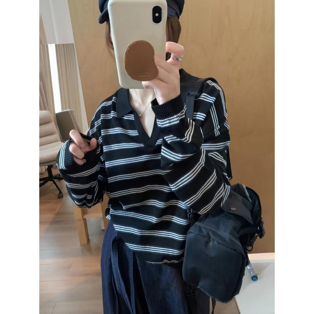 Vintage lazy wind polo collar loose striped knitted sweater women's spring and autumn new casual long-sleeved top
