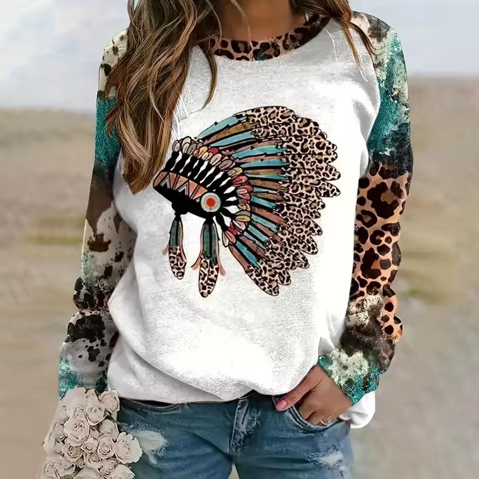 European and American Spring and Autumn women's leopard print 3D printed long sleeved round neck T-shirt Halloween collection