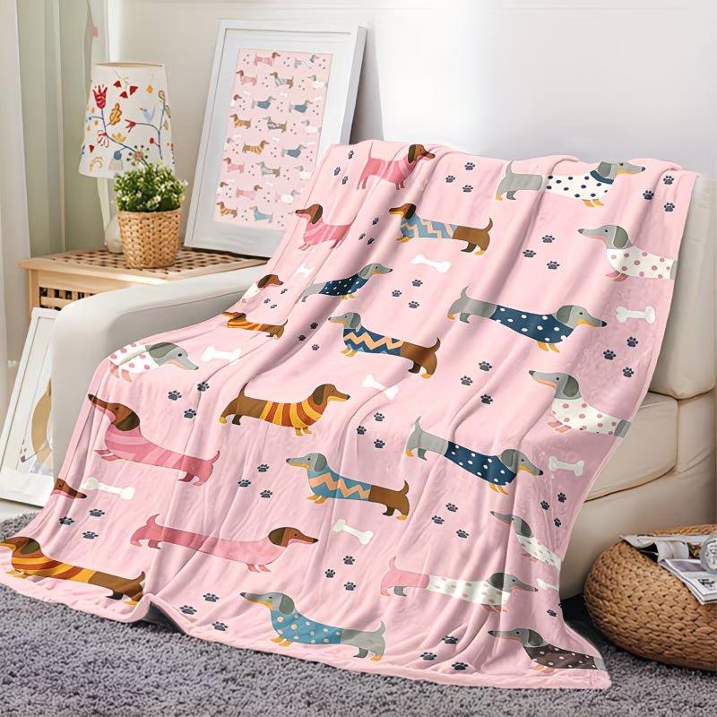 Cute Dachshund Pattern Blanket Soft and Warm Bed Camping Travel Office Decor Cozy Autumn Home Flannel Fabric Artistic Design