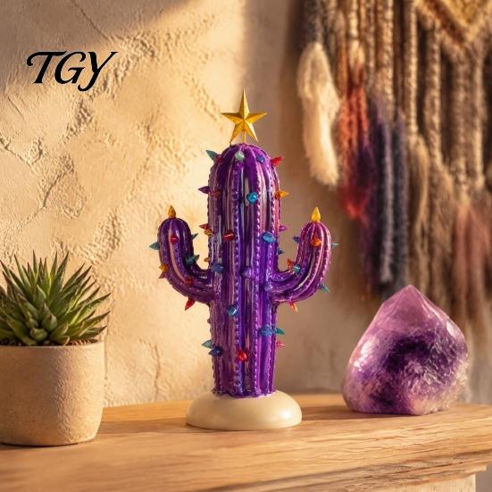 Resin Tabletop Decor for Home Vintage Lighted Cactus Christmas Tree, Saguaro with Bulbs & Golden Colorful Crystal Lamp Display Star Topper,