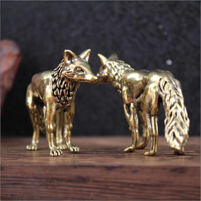 Brass Fox Statue Cute Fox Miniature Figurines Desk Ornament Decorations Accessories Copper Animal Sculpture Home Decor Crafts