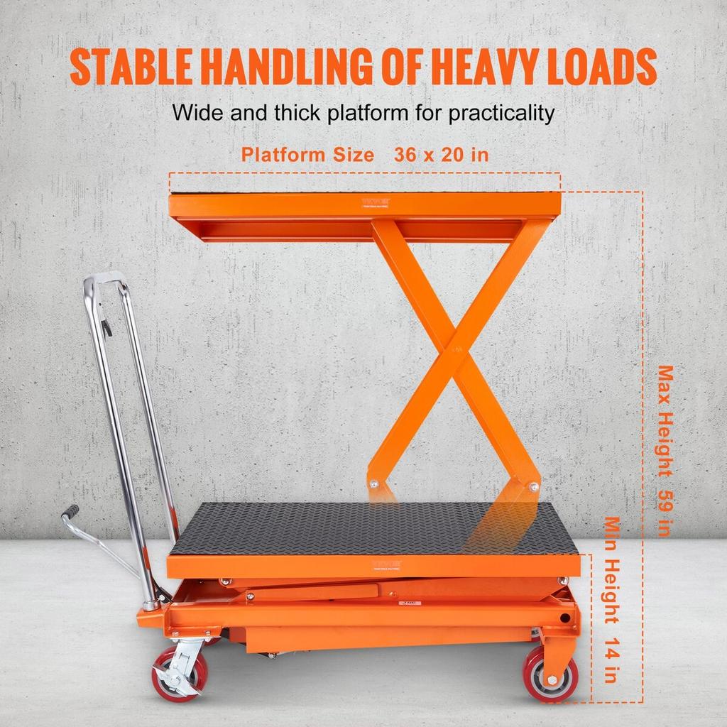 Hydraulic Lift Table Cart, 770lbs Capacity 59" Lifting Height, Manual Double Scissor Lift Table with 4 Wheels and Non-slip Pad, Hydraulic Scissor Cart