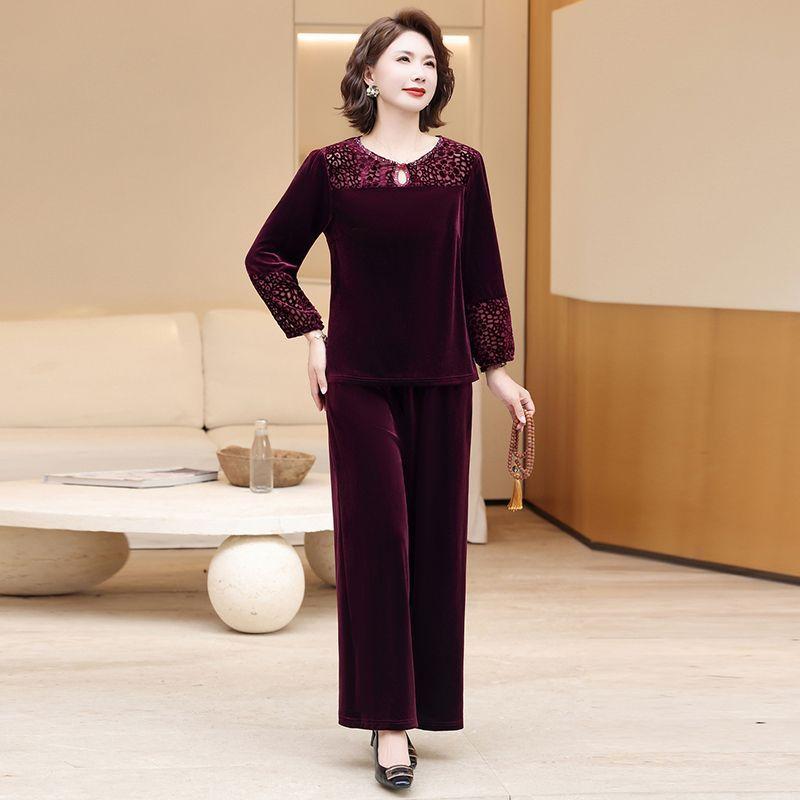 2pcs Pants Suit Autumn Women's Loose Plus-size Velvet Blouse High-waist Velvet Pants Two-piece Set
