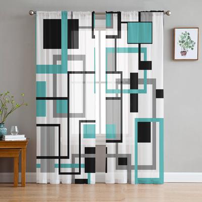 Nordisch Retro Mittelalterlich Geometrisch Abstrakt Blau Transparente Vorhänge für Wohnzimmerdeko Fenstervorhänge Küche Tüll Voile Vorhänge