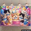 Arazzo di Compleanno 2D con Gatti Carini, Cappelli da Festa, Torta e Palloncini Colorati, Decorazione Murale