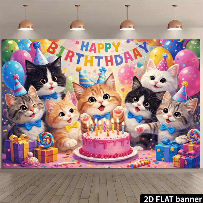 Arazzo di Compleanno 2D con Gatti Carini, Cappelli da Festa, Torta e Palloncini Colorati, Decorazione Murale