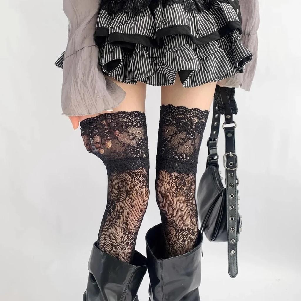 Y2K New Women Flower Lace Fishnet Thigh High Stockings Japanese Style Jk Girl Sweet Lace Trim Frilly Over Knee Long Socks