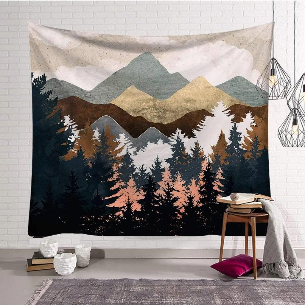 Mountain Tapestry Forest Tree Tapestries Sunset Nature Landscape Wall Hanging Abstract Wall Tapestry for Living Room Dorm Decor