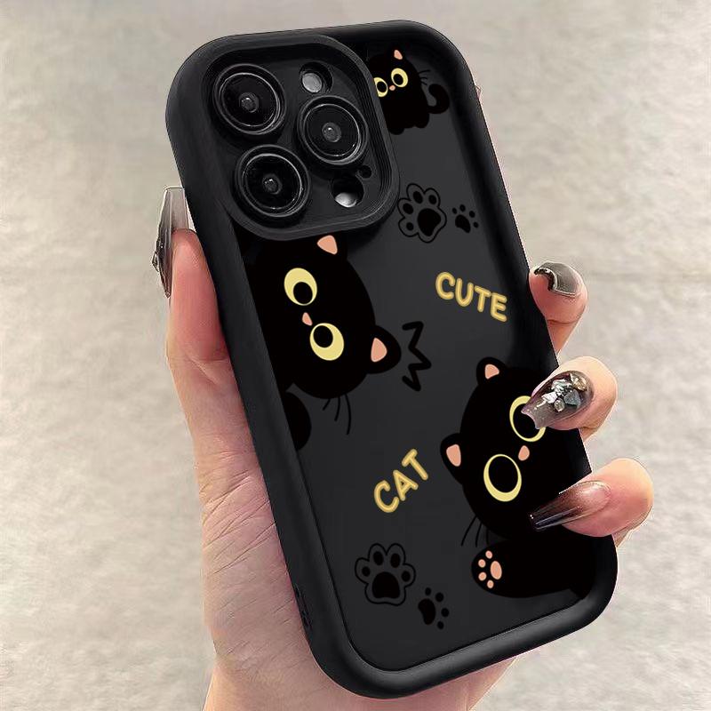 Lovely Black Cat Silicone Case For iPhone 16 15 13 12 11 14 Pro Max Mini 14 16 Plus SE2 8 7 Plus X XS XR Shockproof Back Covers