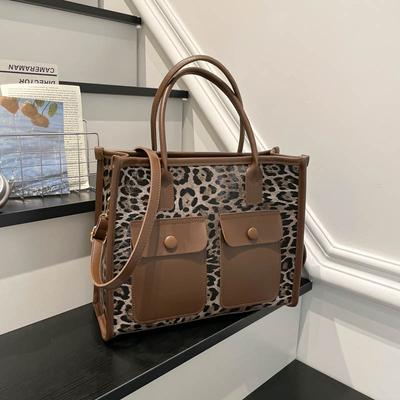 Leopard Print Splicing Autumn and Winter Popular New Fashion Retro Texture Commuter Women Shoulder Tote Bag