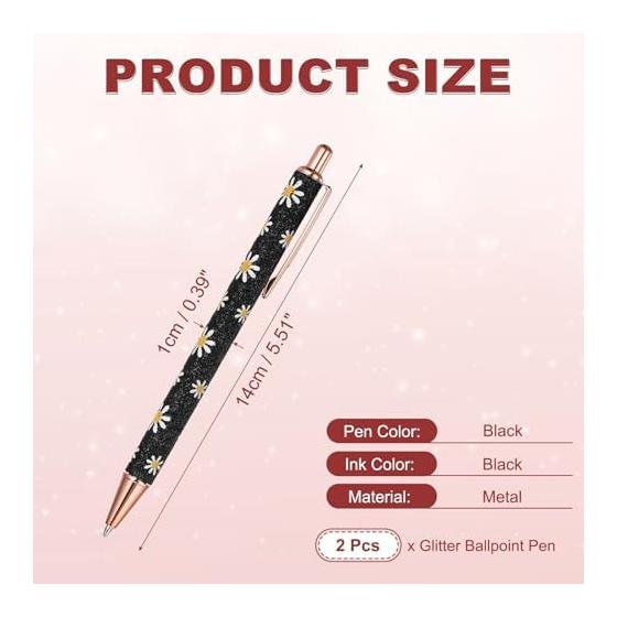 PATIKIL 2pcs Fancy Ballpoint Pens for Women, Medium Point 1.0mm Black Ink, Shiny Metal Click Pens, Knockable for Journaling, Christmas Gift, Office