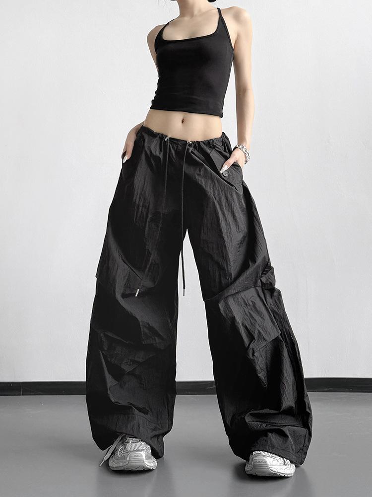 Women's Black Wide-Leg Paratrooper Pants - 2026 Spring Casual Outdoor Fashion